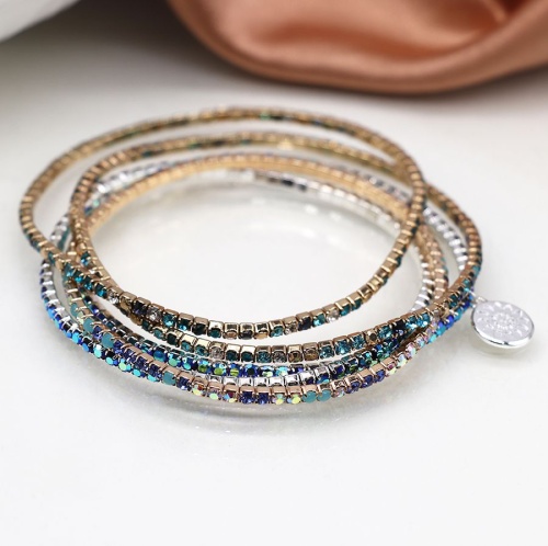 Silver Plated & Faux Gold Blue Mix Crystal Five Bracelet Stack by Peace of Mind